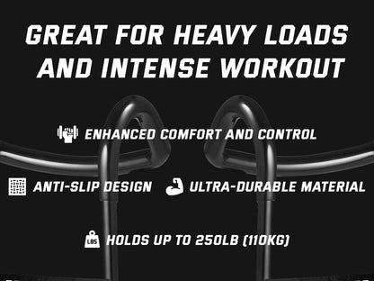 Black workout handles with bold text: heavy loads, anti-slip, 250lb capacity.