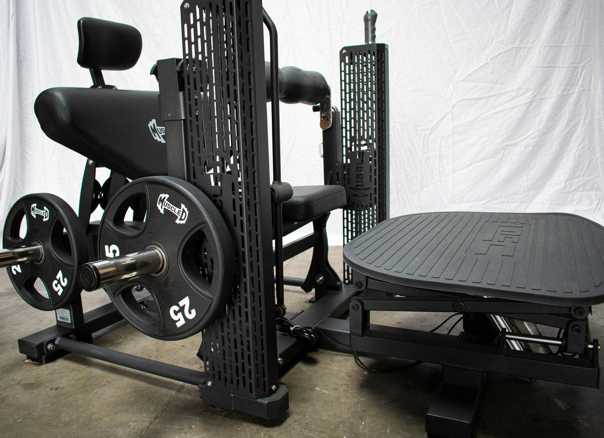 Motorized hip thruster gym machine with weight plates and platform