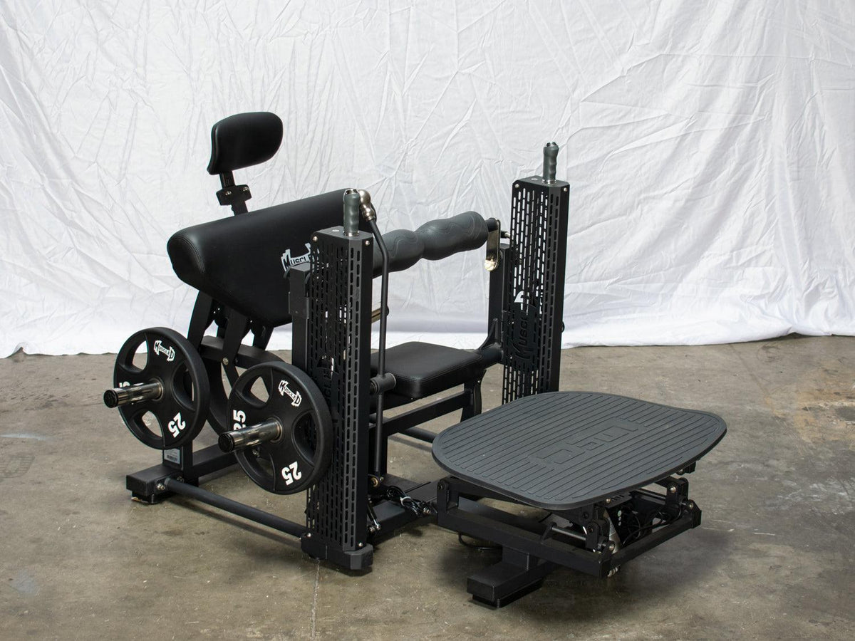 Motorized hip thruster machine with weight plates and foot platform.
