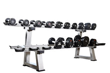 Dumbbell rack with dumbbells on a white background