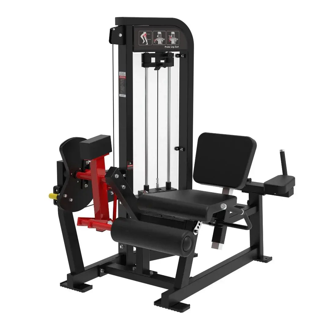 Black and red commercial leg extension and lying leg curl combo machine with padded seat, footrest, and instruction decals on the upper frame.
