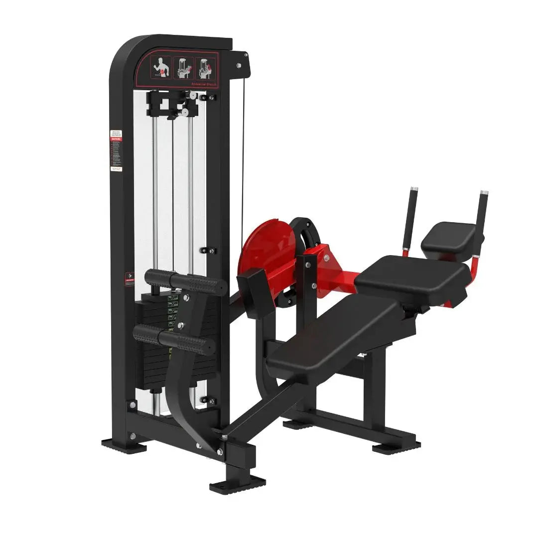 Black and red selectorized abdominal crunch machine with padded seat and arm handles, featuring cable-driven resistance and instructional graphics on the upper panel.