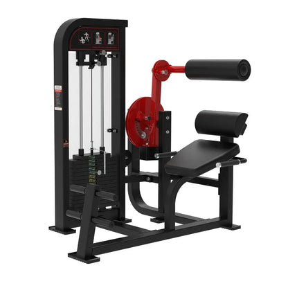 Black and red commercial back and abdominal machine with selectorized weight stack, padded seat, back support, and red rotating arm with black handle attachment.