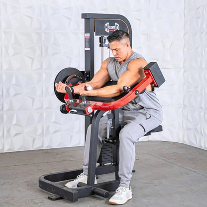 Man performing a biceps curl on a black and red selectorized arm machine with weight plate loaded on the left side.