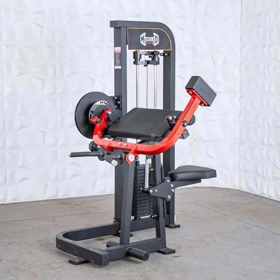 Commercial biceps and triceps combo machine with dark gray frame, red arms, black padded seat and footrest, and weight stack on white textured background.