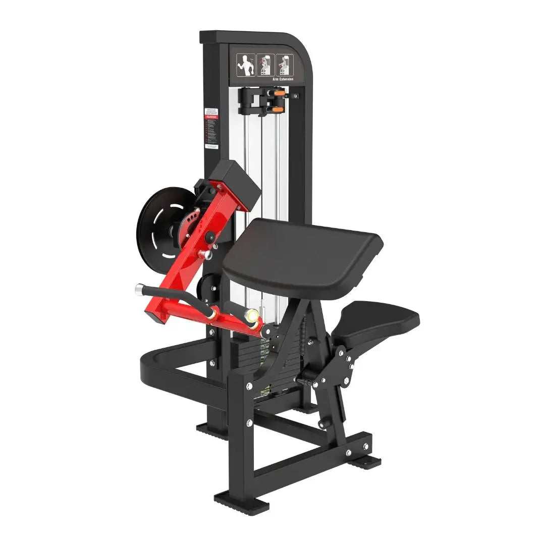 Commercial biceps and triceps combo machine with black frame, red pivoting arm, black footplate, and weight stack on white background.