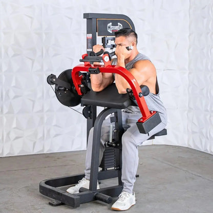 Man performing biceps and triceps curls on a red and black selectorized combo machine with padded arm supports and weight stack.