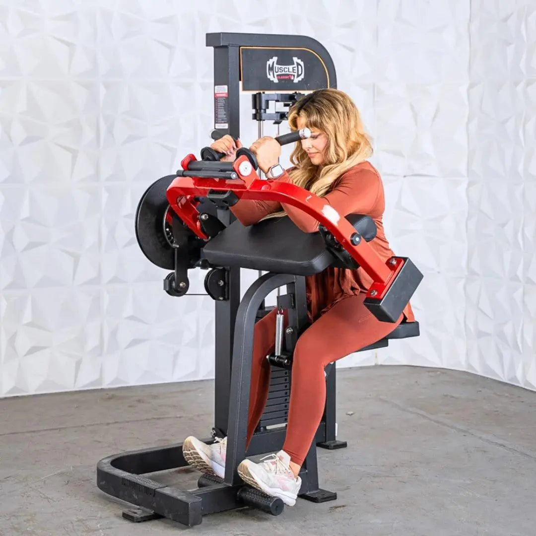 Woman performing biceps and triceps exercises on a red and black selectorized combo machine with dual handles and adjustable seat.