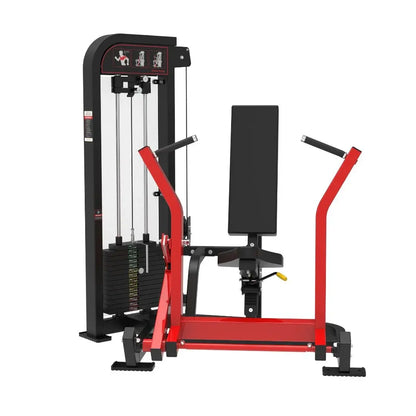 Black and red selectorized chest press machine with padded backrest, dual hand grips, and weight plate stack on left side against white background.