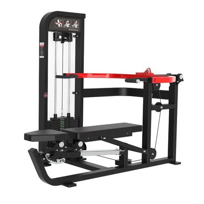 Black and red selectorized chest and shoulder press machine with cable-driven arms, instruction placards on the upper panel, and adjustable seat on white background.