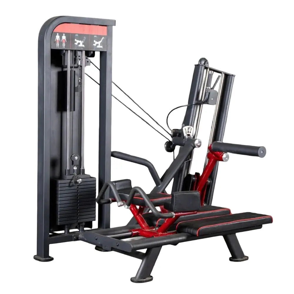 Commercial glute kick machine with red and black frame, weight stack on left side, and padded foot platform. Machine features instruction icons at top and adjustable seat with handles.