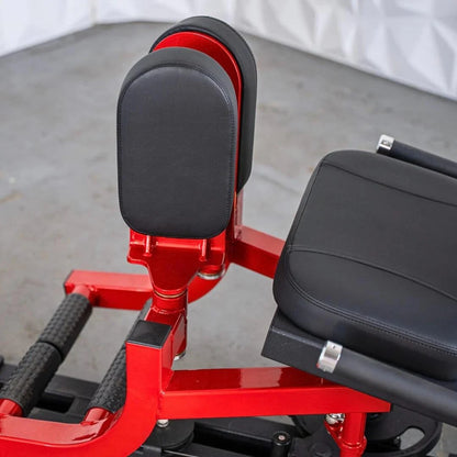 Red selectorized inner-outer thigh combo machine with black padded seat and back support, featuring textured grip handles on the frame.