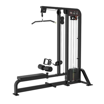 Black selectorized lat pulldown and low row combo machine with dual cable pulleys, curved bar attachment, and weight stack on white background.