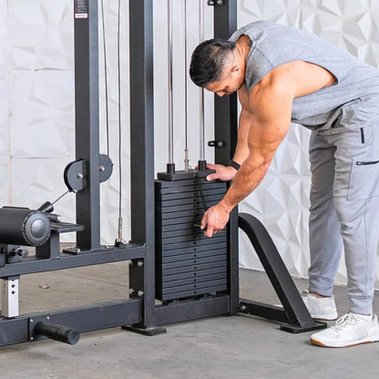 Man performing a lat pulldown exercise on a black selectorized machine with stacked weight plates and dual cable towers.