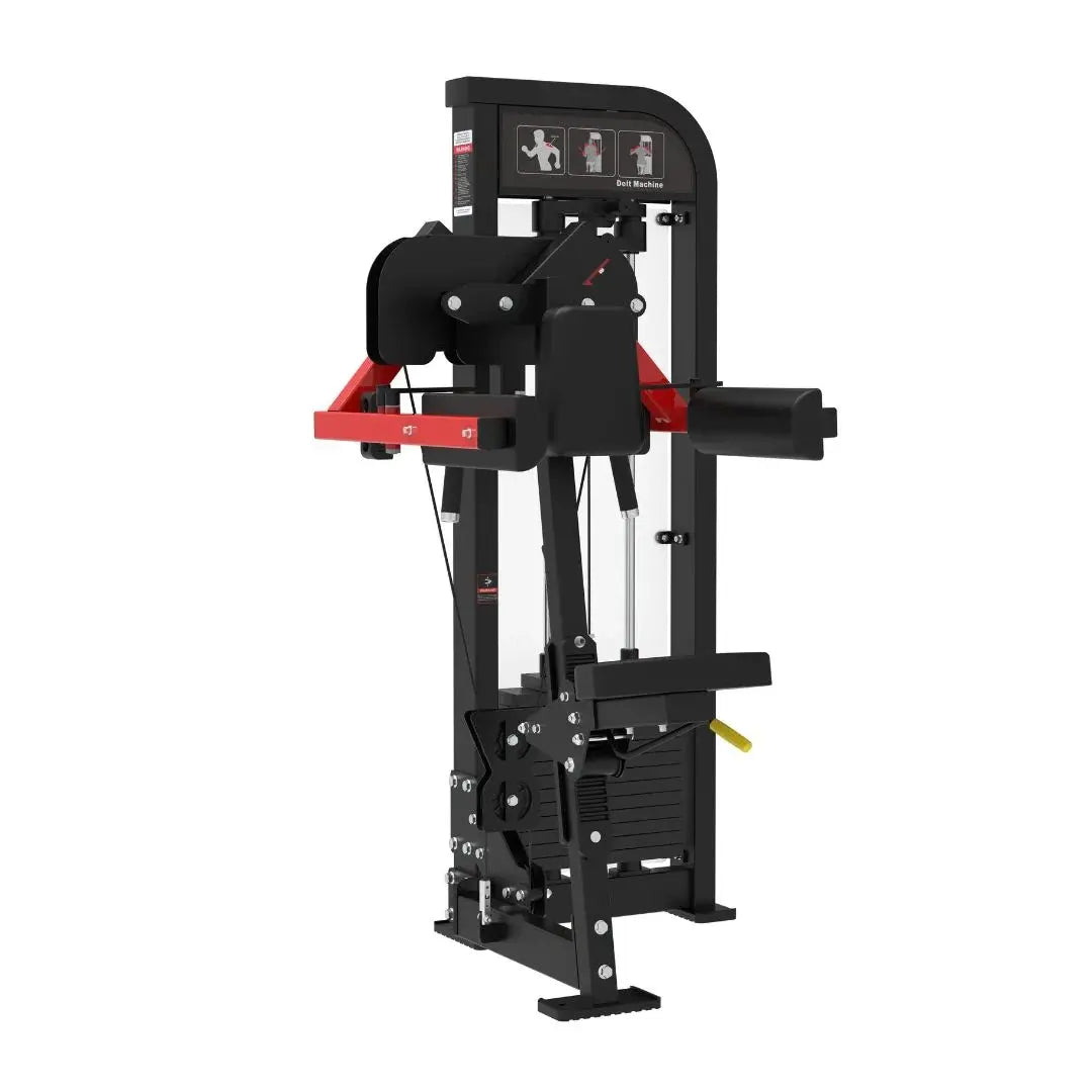 Black and red selectorized lateral raise machine with instruction panels on the overhead frame and padded arm rests for shoulder exercises.