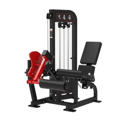 Commercial leg extension machine with red and black frame, padded seat and backrest, cylindrical leg pad, and instruction decals on the upper panel.