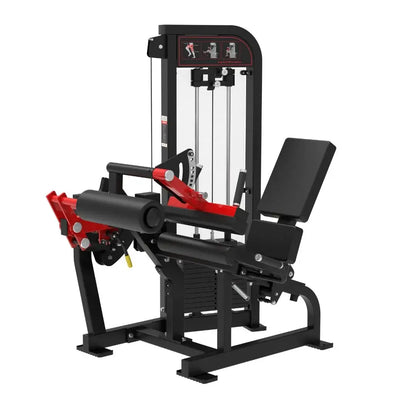 Black and red commercial leg extension and seated leg curl combo machine with padded seat, footrest, and instruction placards on the upper frame.