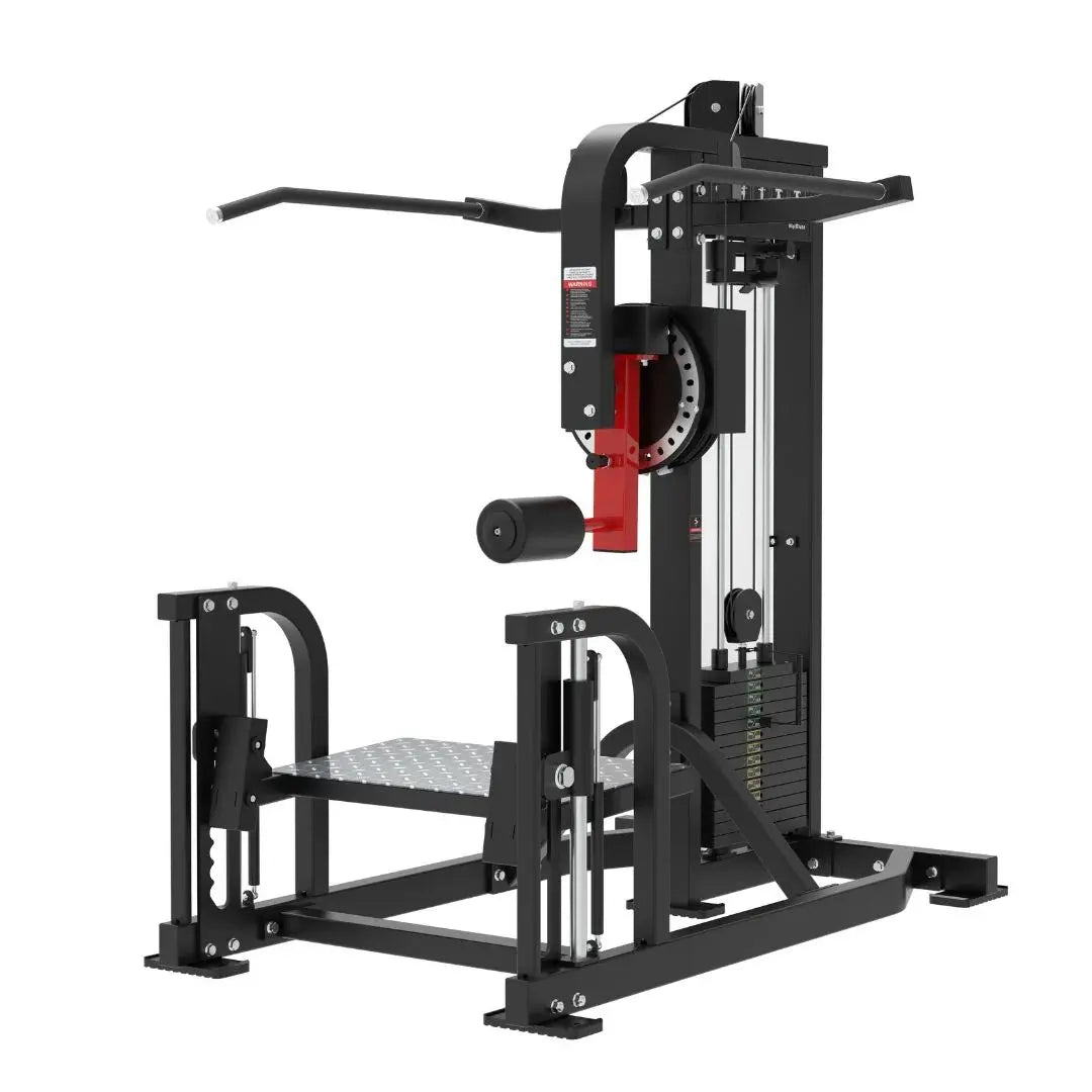Black and red selectorized multi-hip machine with weight stack, foot platform, and overhead lever arm for glute and hip exercises.