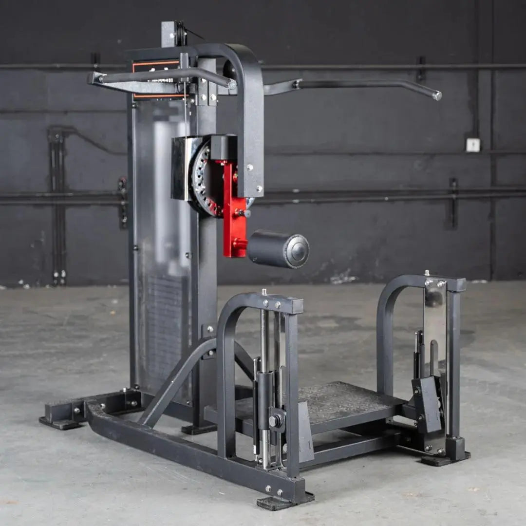 Selectorized multi-hip machine with gray frame, red weight selector stack, and textured foot platforms. Machine features dual foot attachment arms and adjustable positioning for hip and glute exercises.