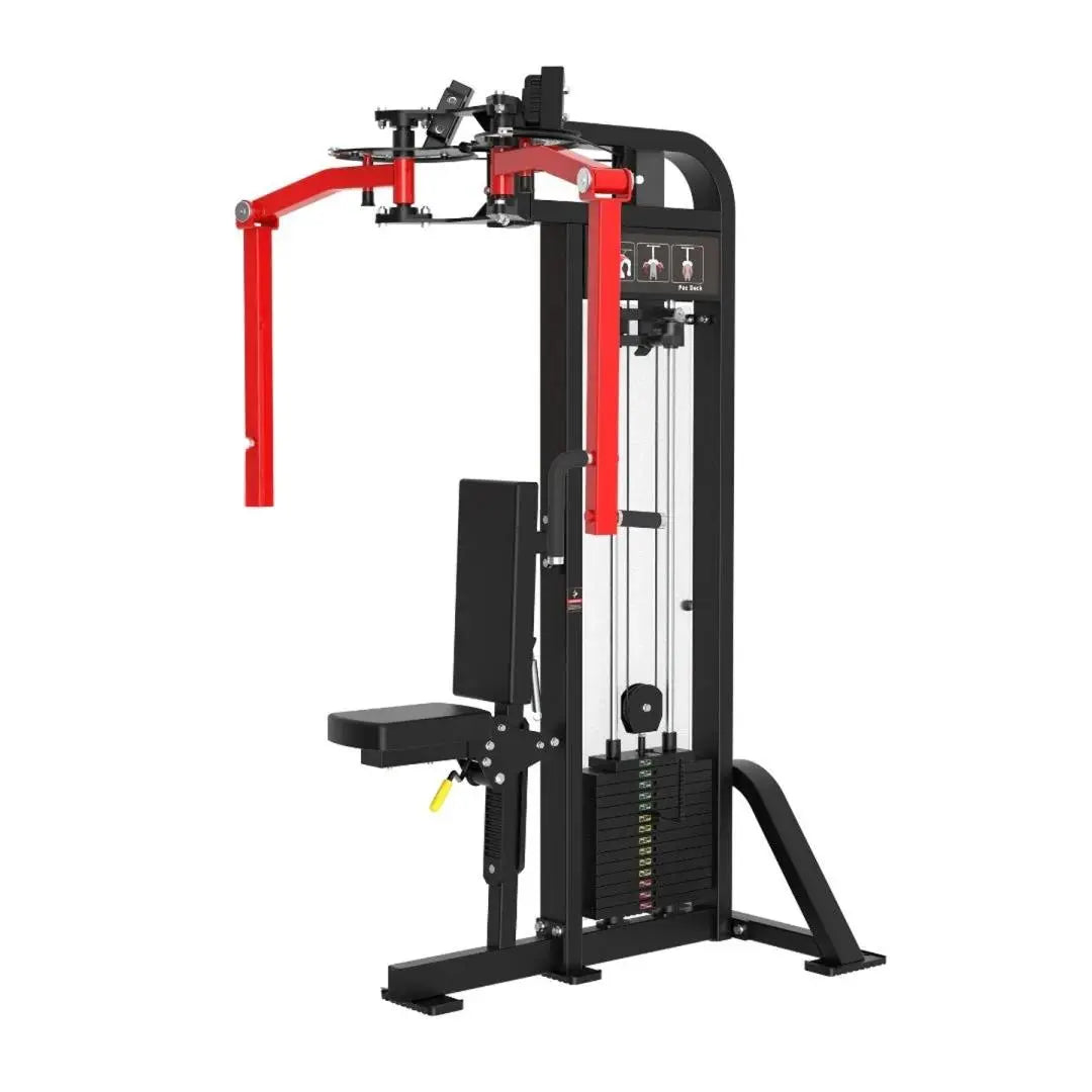 Commercial pec and rear delt combo machine with red frame, black uprights, and weight stack. Dual-function design allows chest press and rear deltoid exercises from a single station.