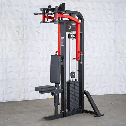 Red and black selectorized pec and rear delt combo machine with padded seat, dual handles, and weight stack on studio background.