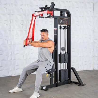 Man performing a chest press exercise on a black and red selectorized pec and rear delt combo machine with weight stack and adjustable arm levers.