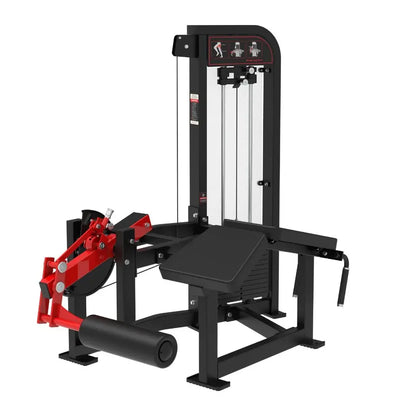 Commercial prone leg curl machine with black frame, red lever arms, and black seat pad. Machine features illustrated exercise instructions on the top panel and dual weight stack cables.