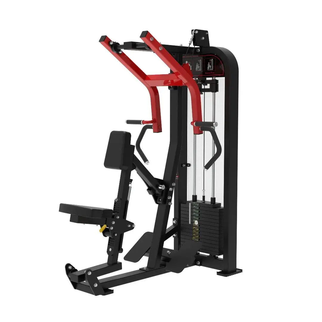 Commercial seated row machine with red and black frame, black padded seat, and weight stack selector on the right side.