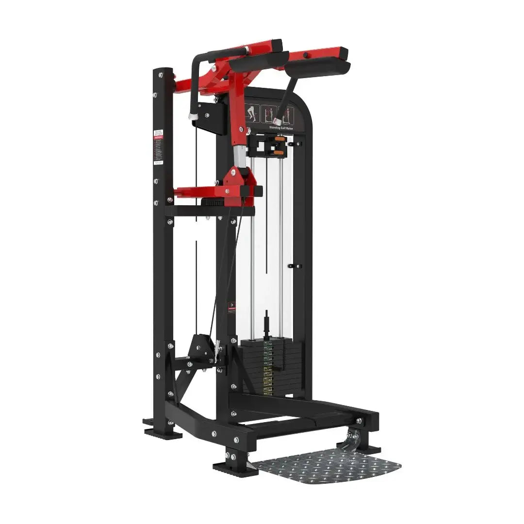 Red and black standing calf raise machine with selectorized weight stack, dual handles, and textured footplate on white background.
