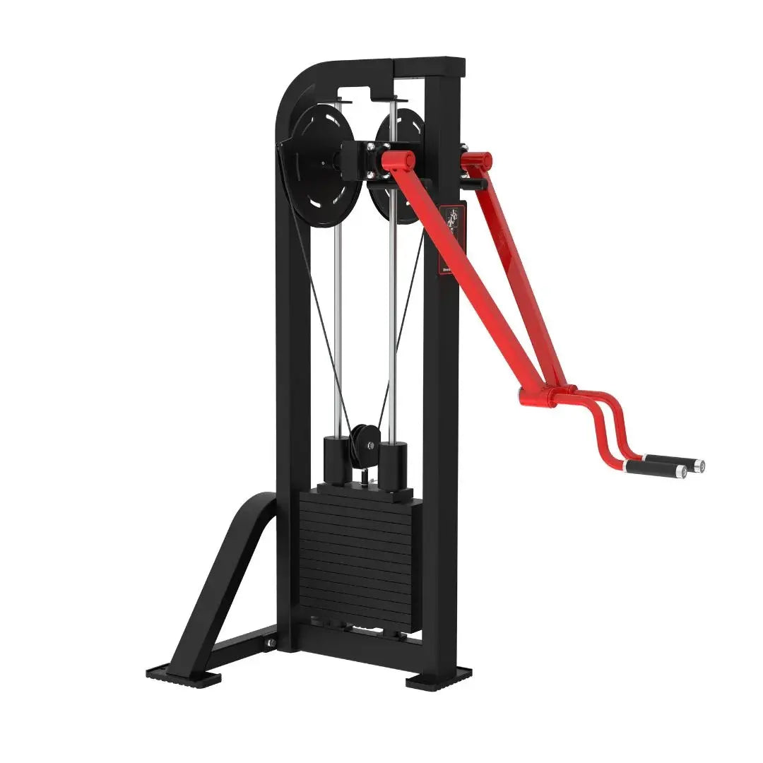 Black and red selectorized standing lateral raise machine with weight stack, dual handles, and cable-driven arms for shoulder exercises.