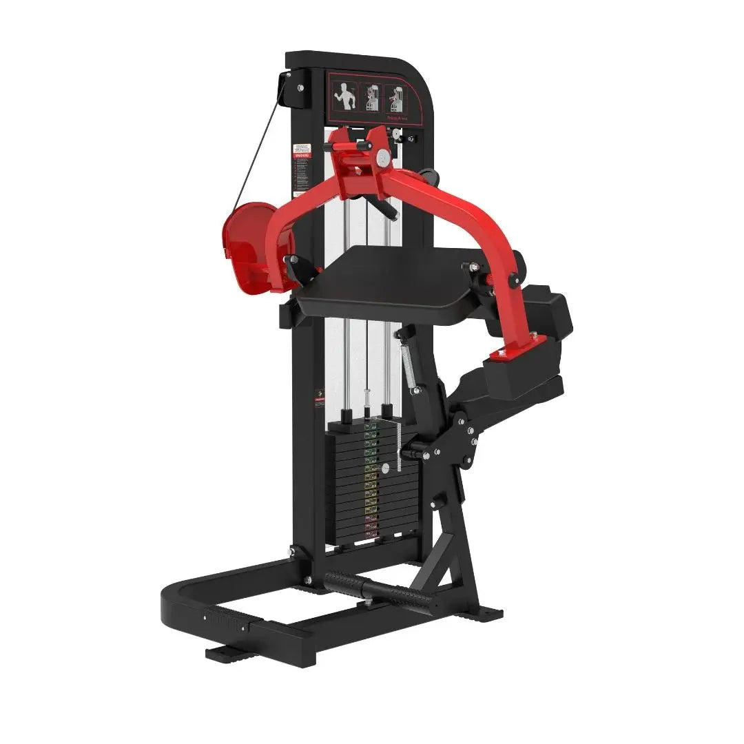 Commercial triceps extension machine with red arms and black frame, featuring a black padded seat, instruction graphics on the top panel, and a stacked weight selector on the lower left side.