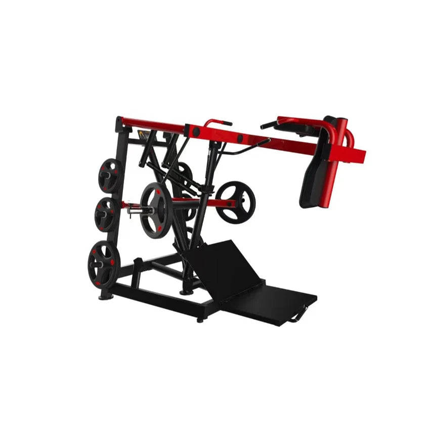 Power Leverage V2 Pendulum Squat Machine with weight plates and red frame.