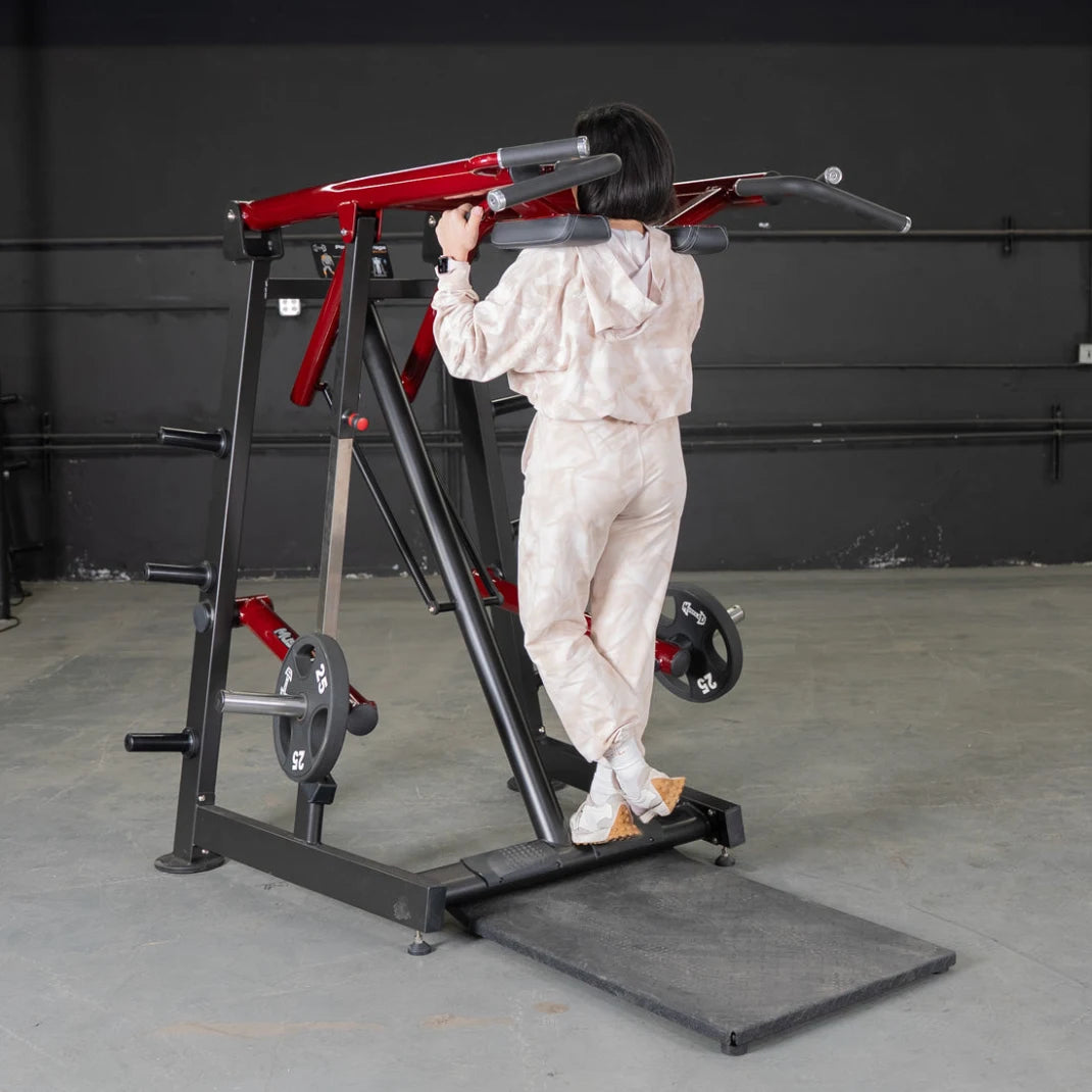 Person using Power Leverage Viking Press Calf Machine at gym.