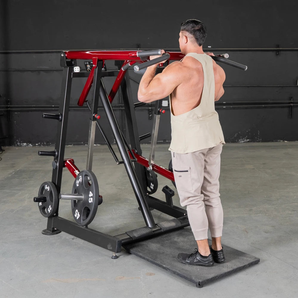 Man using a Muscle D Fitness Power Leverage Viking Press Calf Machine.