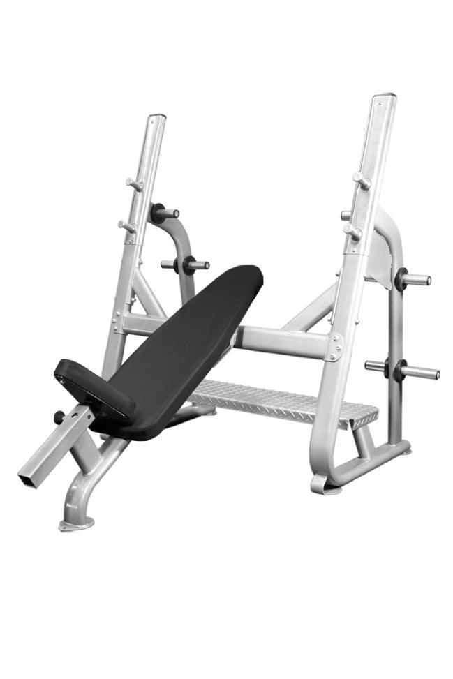 Olympic incline bench press with dual racks and weight pegs.