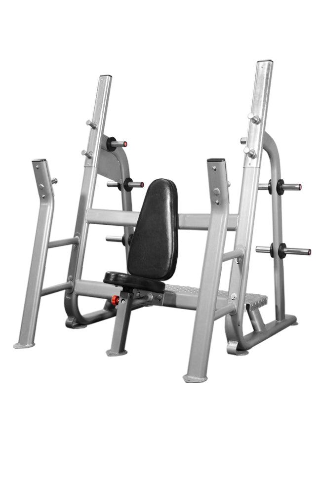 Olympic military bench press machine with adjustable arms and padded seat.