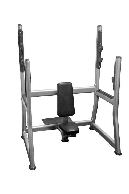 Olympic-style military bench press rack with adjustable uprights and padded seat.