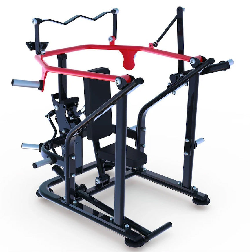 Home gym multi-station weight machine with red bar and black frame.