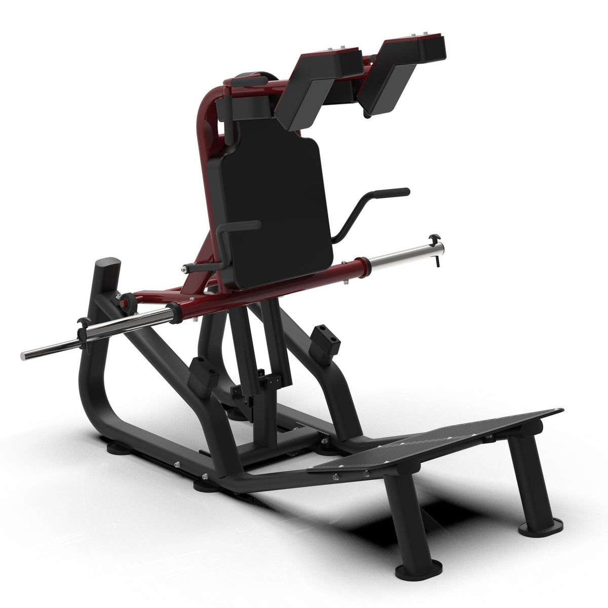 Red-and-black leg extension/curl machine with padded seat and lever arms.