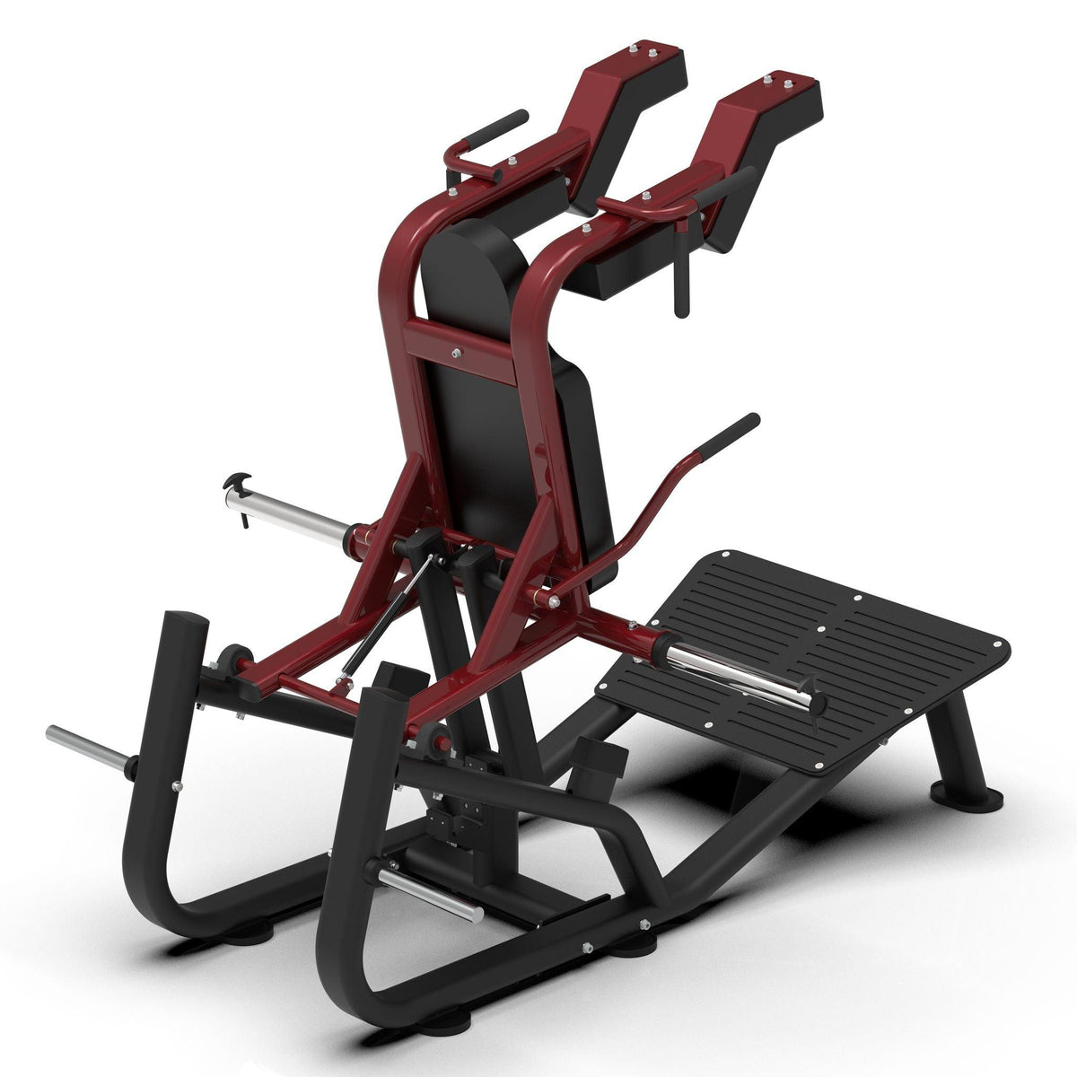 Red and black leg extension/press machine with padded backrest and foot plate.