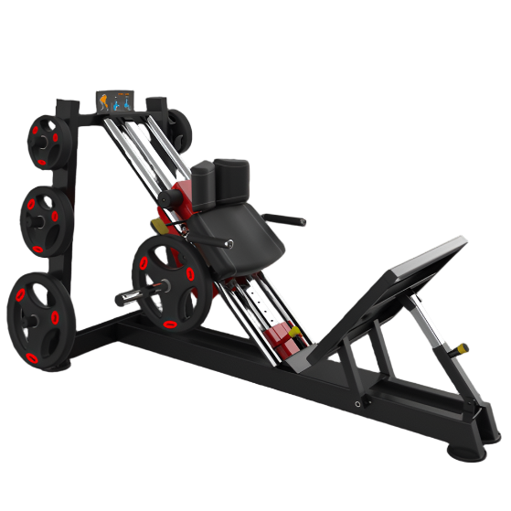 Plate-loaded leg extension machine with adjustable seat and weight stack.