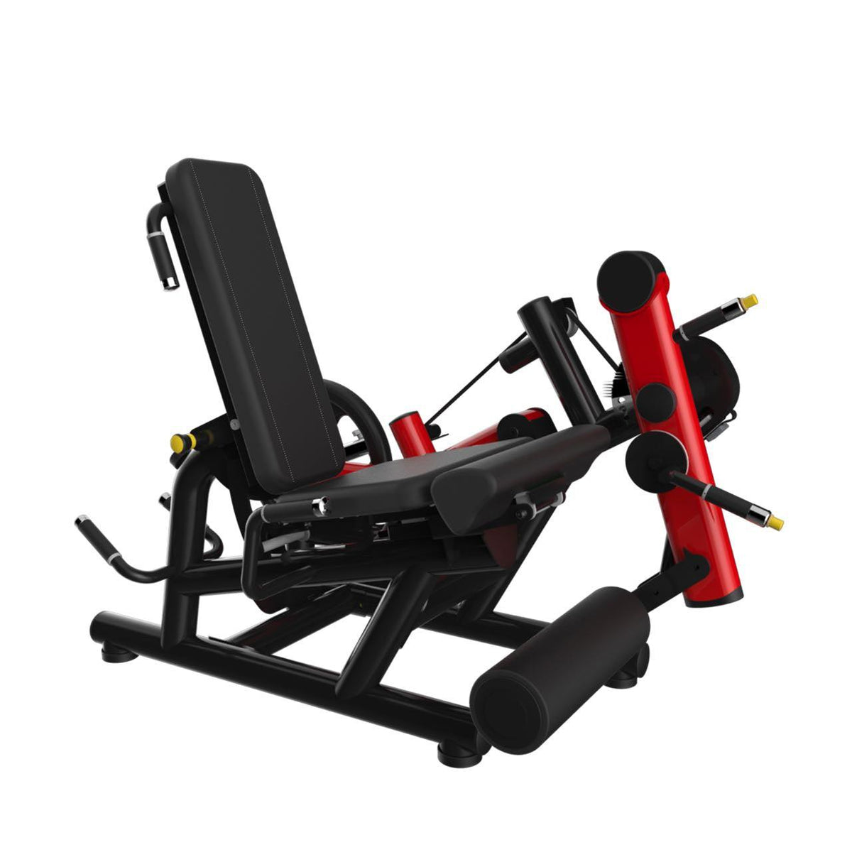 Red and black leg extension/press gym machine with padded seat.
