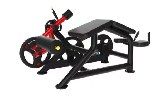 Black adjustable gym bench with leg extension attachment and preacher pad.