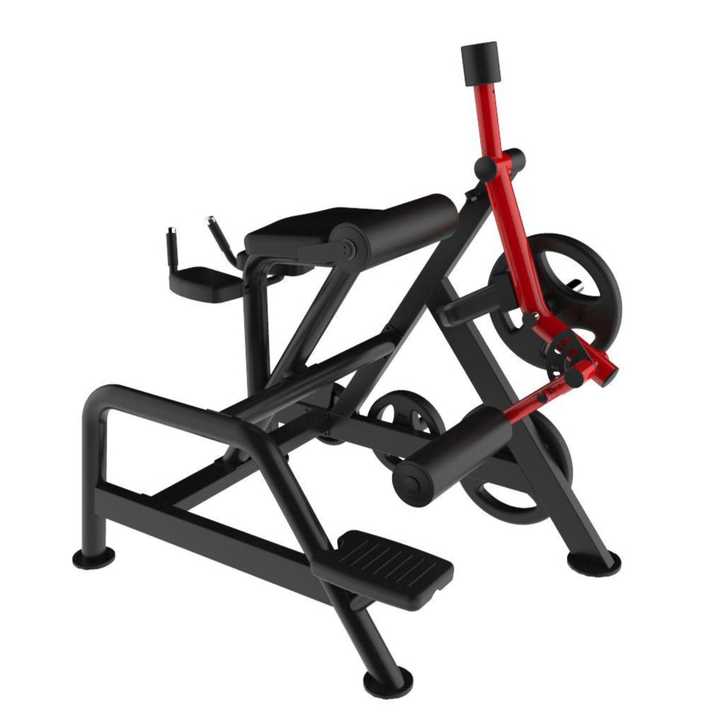 Black and red gym leg extension machine with padded seat.