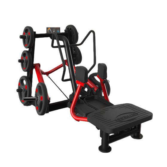Red and black leg press machine with weight plates and platform.