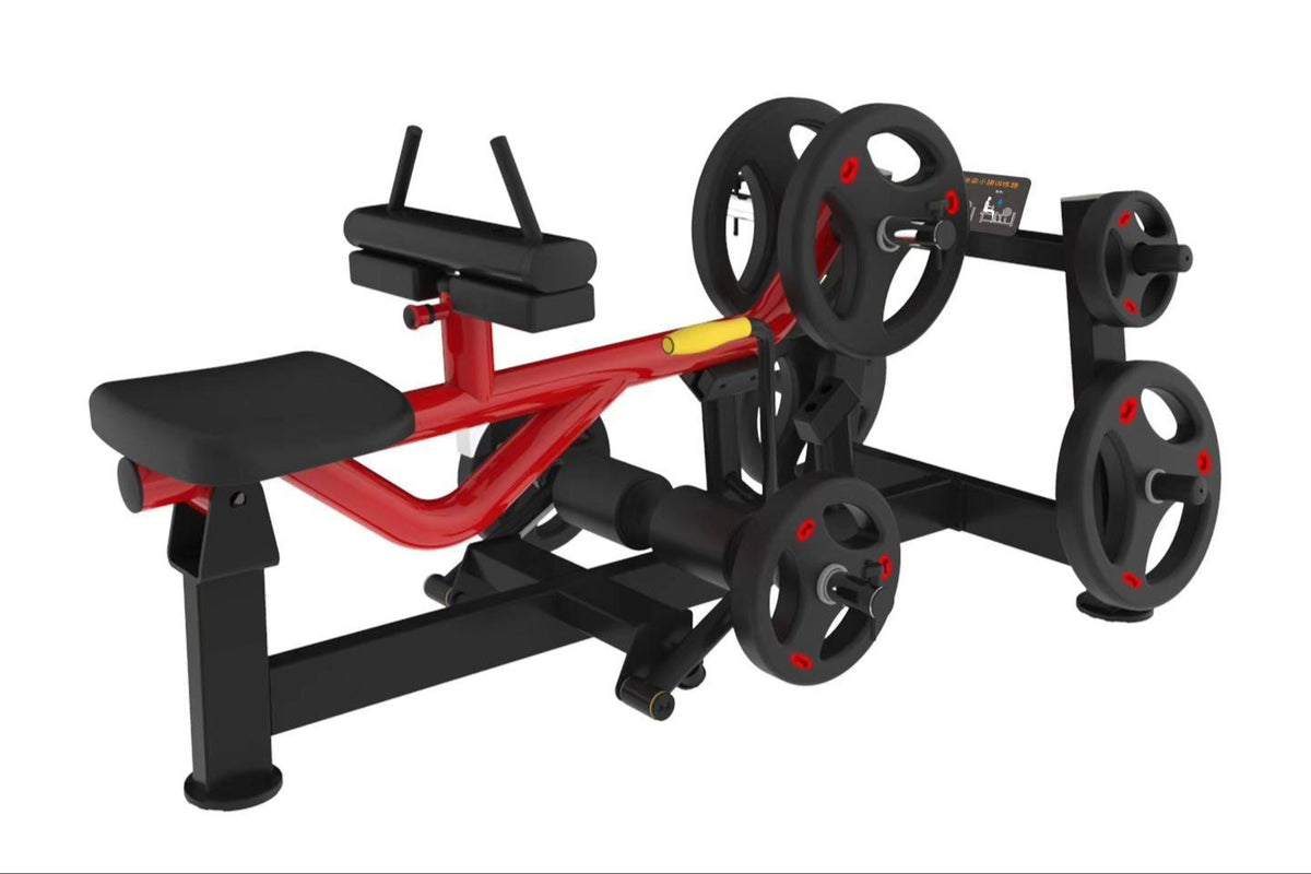 Red and black weight bench with leg extension and plate-loaded station.