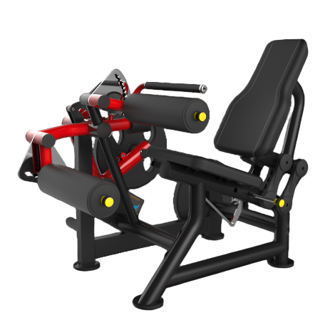 Gym leg extension machine with padded roller supports and black frame.