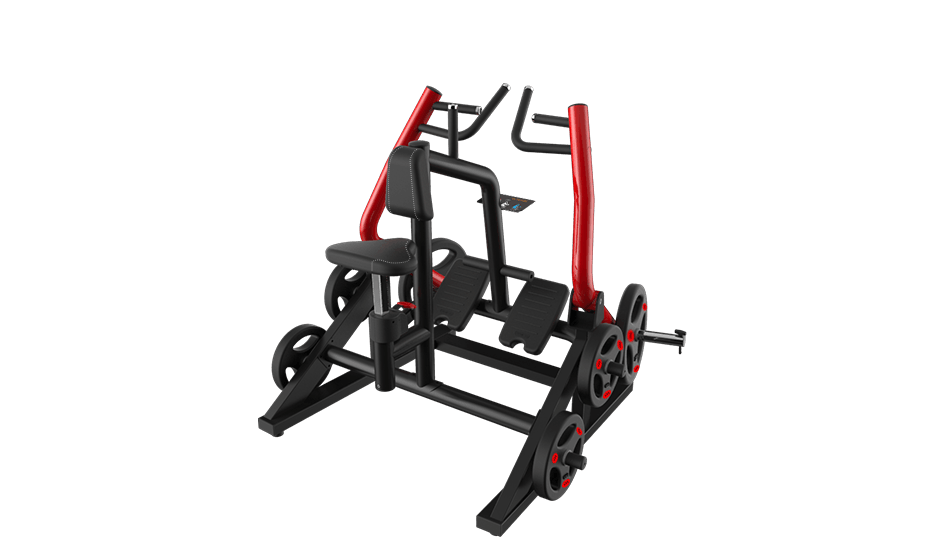 Black and red plate-loaded leg press machine with padded seat for gym workouts.