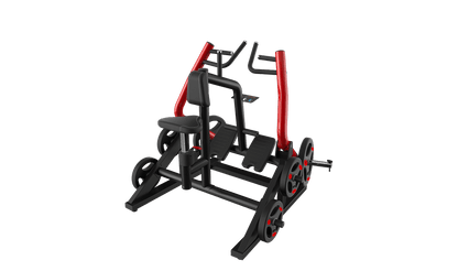 Black and red plate-loaded leg press machine with padded seat for gym workouts.