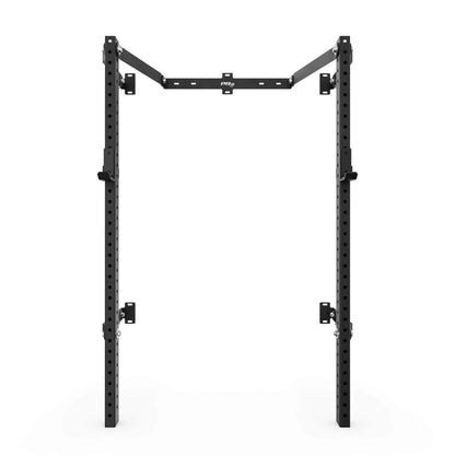 Black folding squat rack with two vertical uprights featuring attachment holes, horizontal safety arms, and angled cross-bracing at the top against a white background.